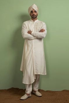 Shop for Ankita Lath Off White Silk Jacquard Asymmetric Draped Kurta Set for Men Online at Aza Fashions Kurta For Men, White Kurta, Types Of Work, Luxury Sale, Band Collar, Kurta Set, White Silk, Straight Pants, Festival Wear