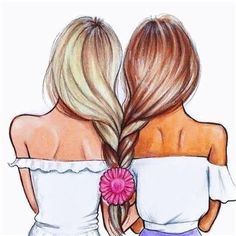 two girls with long hair are facing each other and one has a flower in her hair