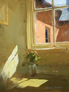 a painting of a vase with flowers on a window sill next to a window