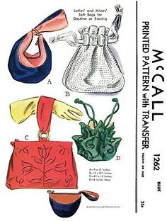 McCall #1262 Handbags Purse Bags Fabric Sewing Pattern Vintage 40s Bolso Sac BAG | eBay Vintage Bag Pattern, Fabric Sewing Patterns, Trendy Sewing, Lv Bags, Mccalls Sewing Patterns, Handbags And Purses, Retro Mode, Handbag Patterns, Mccalls Patterns