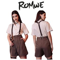 Brand Shein X Romwe Not Topshop!!!!!! Description Awesome “Academia” Chocolate Brown & White Striped Pleated Shorts With Suspenders. Front Button & Zipper. Side Pockets. Belt Loops. Regular Short Fit. Non-Stretch. Sold Out Online & In Stores! Materials Non-Stretch (100% Polyester) Size Small Condition Never Been Worn, New With Tags! Women Suspender Outfits, Shorts With Suspenders, Suspenders For Women, High Waist Shorts, Brown Shorts, Pleated Shorts, Suspenders, High Waisted Shorts, Chocolate Brown