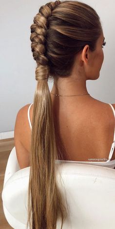 Fashion Braids Hairstyles, Wedding Braid Ponytail, 1 Dutch Braid, Infinity Braid Hairstyles, Sleek Hair Up, French Plait Hairstyles Half Up, Low Pony With Braid, Half Tail Hairstyles, Braided Ponytail Wedding