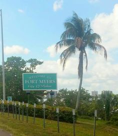 a palm tree is next to a sign that says fort myers city limits on it