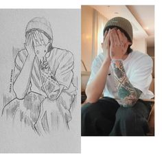 a man sitting down with his hands on his face next to a drawing of him