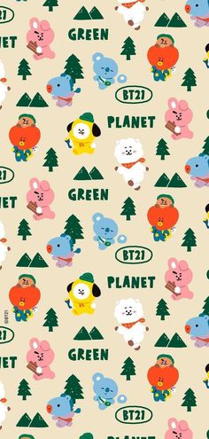 an animal themed wallpaper with trees and other animals on the background, all in different colors