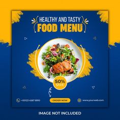 the food menu is displayed on a blue and yellow background with an image of a plate of salad