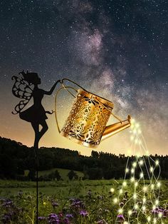 a fairy holding a gold cup in front of the night sky