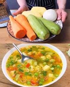 a bowl of soup with carrots, celery, peas and an egg