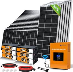 an array of solar products including batteries, cables, and other electrical equipment are shown