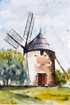 a watercolor painting of a windmill and trees