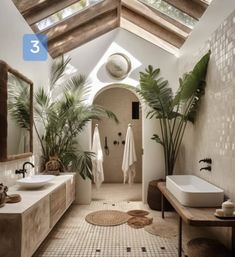 a bathroom with a skylight and two sinks in the center, surrounded by palm trees