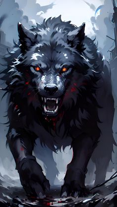 a wolf with red eyes running through the woods