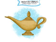 a golden teapot with a blue ribbon around it's neck and the words watercolor clipart below it