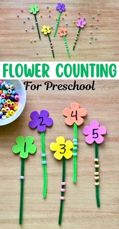 flower counting game for preschoolers with flowers and beads on the table next to them