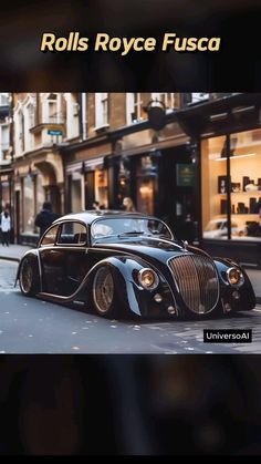 an old black car is parked on the street