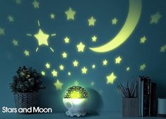 stars and moon wall stickers glow in the night sky above a desk with a potted plant