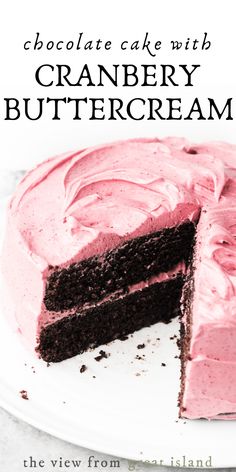 a chocolate cake with cranberry buttercream frosting on a white plate