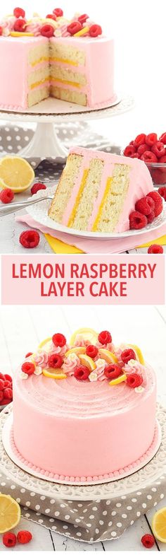 lemon raspberry layer cake with fresh cherries on the top and bottom layers