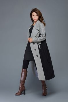 grey and black wool coat maxi warm coat long button by YL1dress Black Double-breasted Wool Coat, Black Single Breasted Long Pea Coat, Black Single-breasted Long Pea Coat, Black Wool Long Pea Coat, Black Long Wool Pea Coat, Long Black Wool Pea Coat, Black Single-breasted Sweater Coat For Fall, Black Long Pea Coat For Office, Black Long Single-breasted Wool Coat