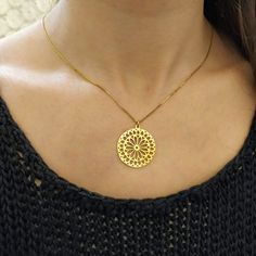 Mandala Necklace, Gold Mandala, Flower Charm Necklace, Hamsa Pendant, Mandala Flower, Hamsa Necklace, Hand Necklace