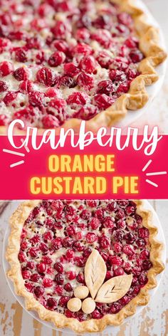 an orange custard pie with almonds and cranberry sauce on top