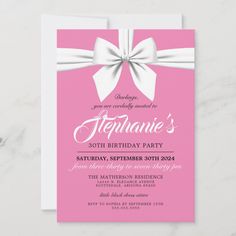 a pink and white birthday party card with a bow