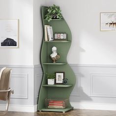 a corner book shelf in the corner of a room