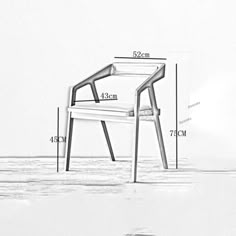 a white chair sitting on top of a floor next to a tall wooden frame with measurements