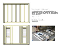 the front and back walls of a house being built with wood framing, including two pieces of