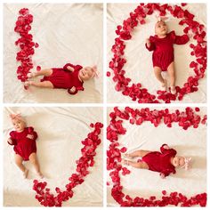 four pictures of a baby laying on the floor surrounded by red petals and hearts,