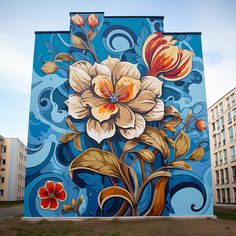 a large mural on the side of a building with flowers painted on it's sides