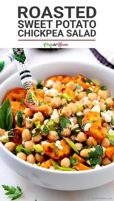 roasted sweet potato chickpea salad in a white bowl with the title above it