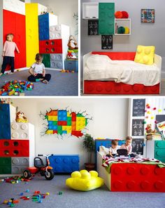 two pictures of a child's bedroom with legos on the floor and walls