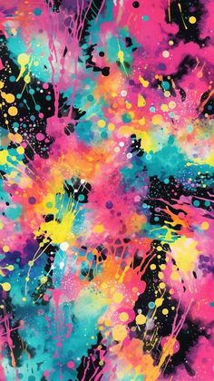 colorful paint splattered on black and pink background