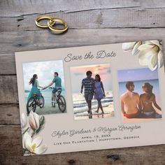 a wedding photo frame with two pictures and a couple holding hands on a wooden background