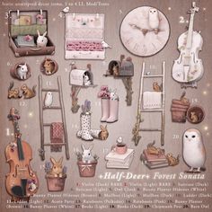 a poster with many different items and animals on it's back side, including a clock