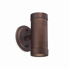 an outdoor wall light with a cylinder shaped shade on the top and bottom, shown in bronze