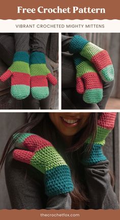 a woman wearing mittens and gloves with text overlay that says free crochet pattern