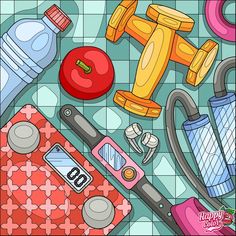 an image of various items that are on the floor in this cartoon style illustration, including hairdryers, water bottles and other things