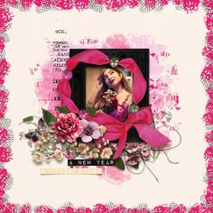 a pink frame with flowers and a woman's face in the center is surrounded by words that spell out new year