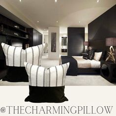 two black and white pillows are in the middle of a large room with dark furniture