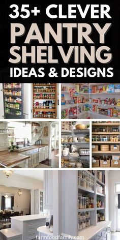 this is a collage of pantry shelving ideas and designs for the kitchen cabinets