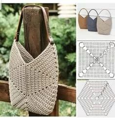 crocheted purses with different patterns and designs on them, including the handles