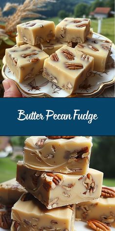 some pecan fudge is stacked on top of each other