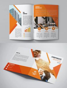 an orange and white business brochure is shown in this image, it shows the company