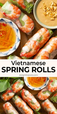 vietnamese spring rolls with dipping sauce on the side and other food items in bowls around them