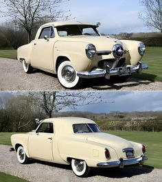 two pictures of an old car parked in the grass