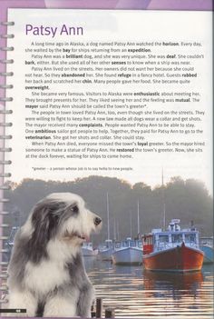 a book with an image of a dog sitting on the dock in front of boats