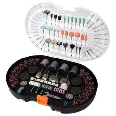 a case filled with lots of different types of sewing needles and threading tools on top of a white surface