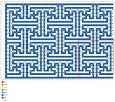 a blue and white maze is shown in the shape of a square, with red lines on